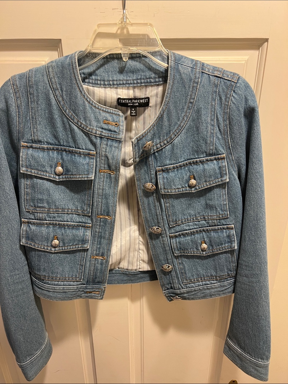 Central Park West Light Denim Cropped Jean Jacket with Decorative Buttons